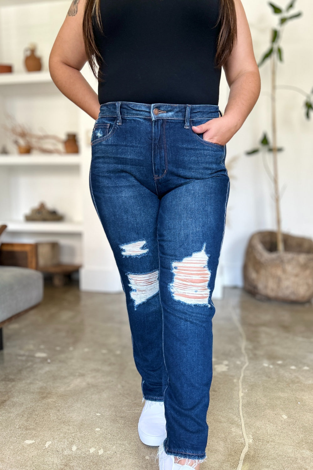 Judy Blue Full Size High Waist Rigid Magic Heavy Destroy Straight Jeans - The Ruffled Bull Boutique