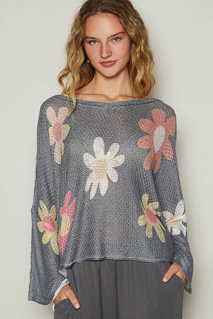 POL Flower Dropped Shoulder Long Sleeve Knit Top - The Ruffled Bull Boutique