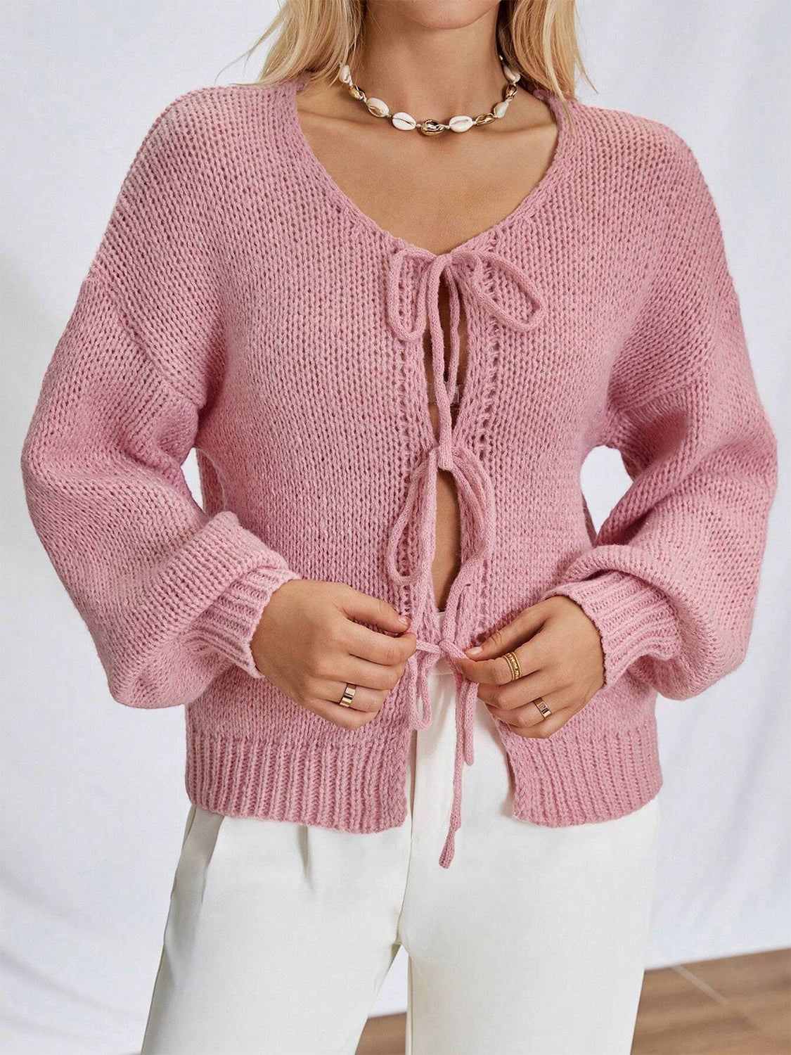 Tied Long Sleeve Dropped Shoulder Cardigan