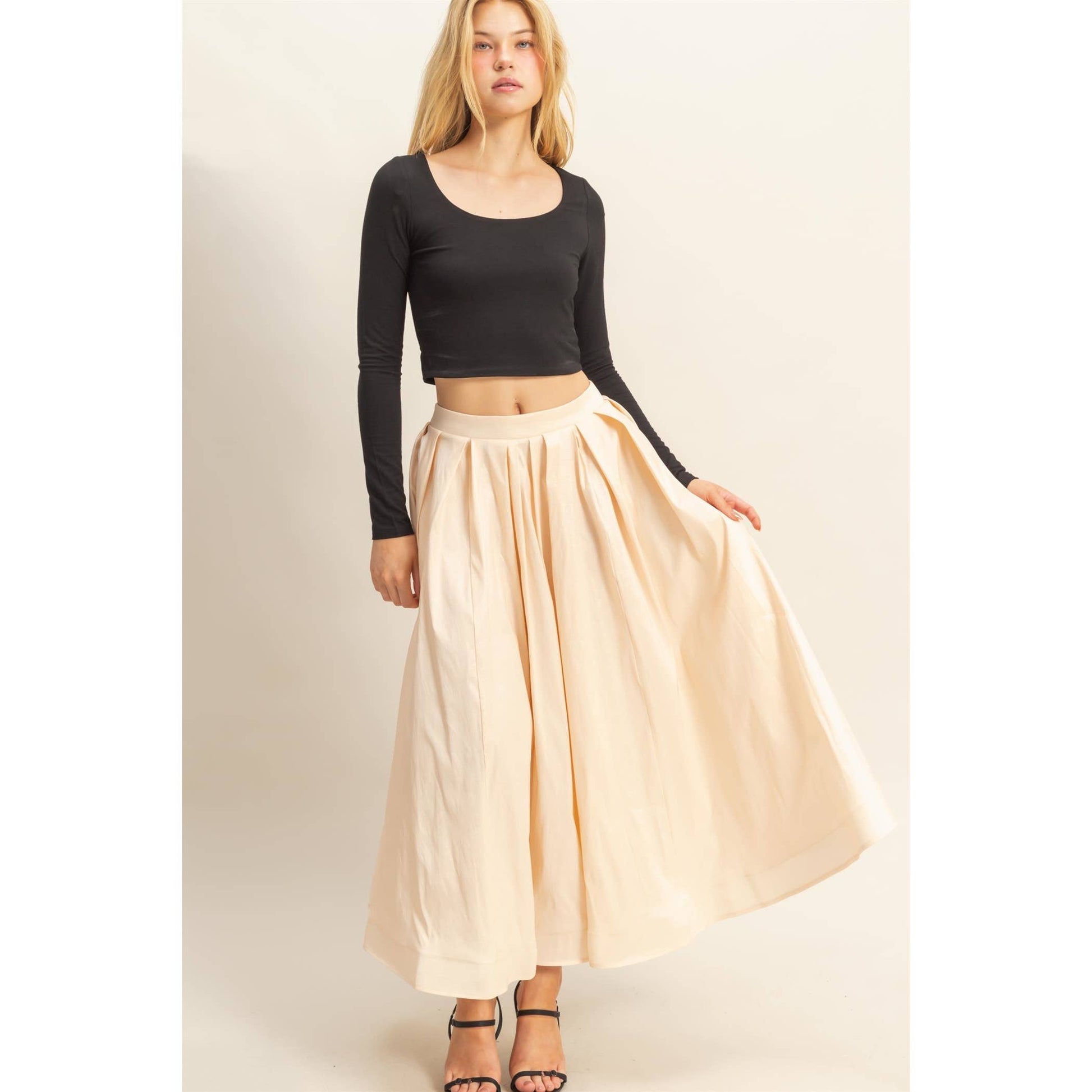 Classic Pleated A-Line Midi Full Skirt - The Ruffled Bull Boutique