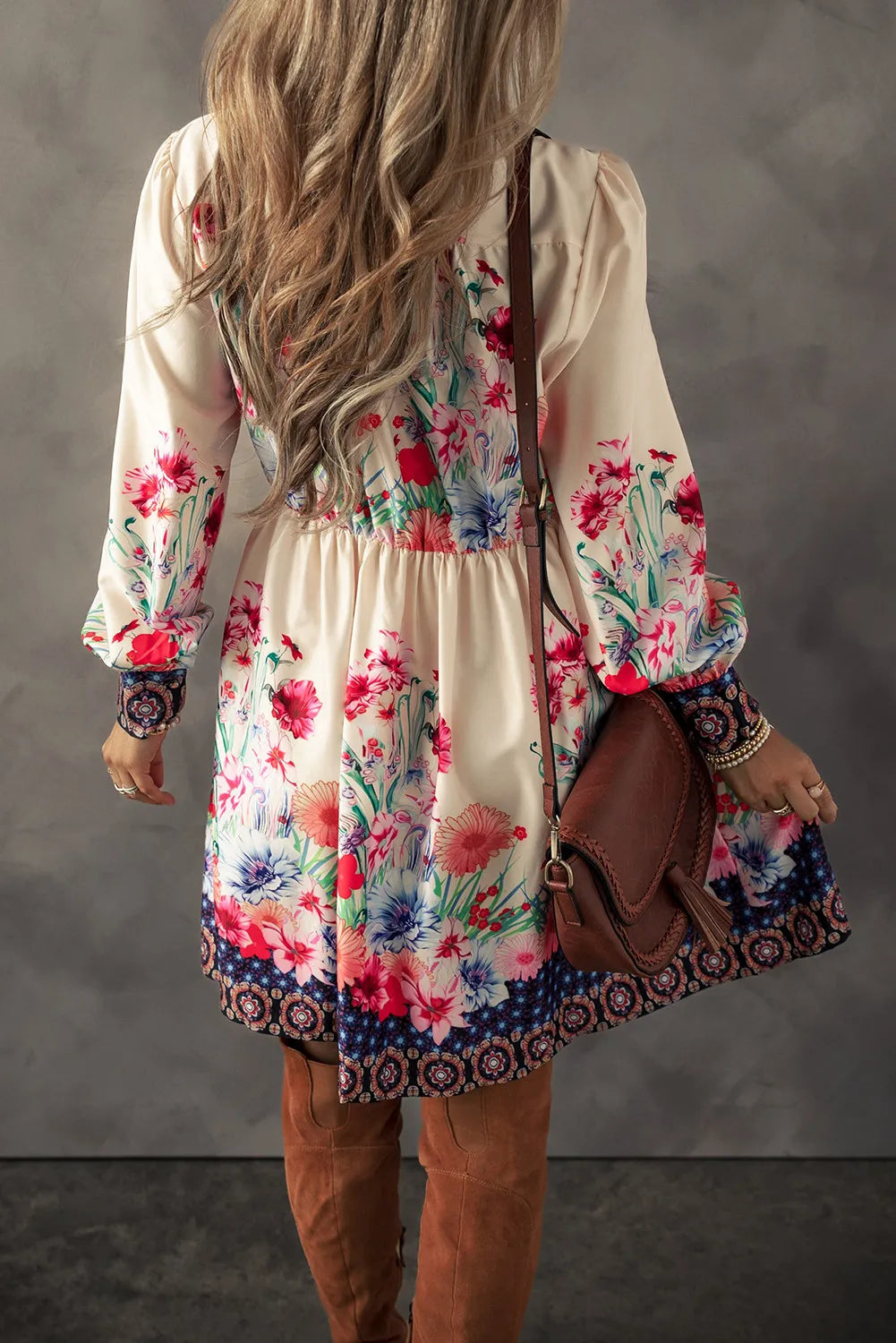 Flower Button Down Lantern Sleeve Dress