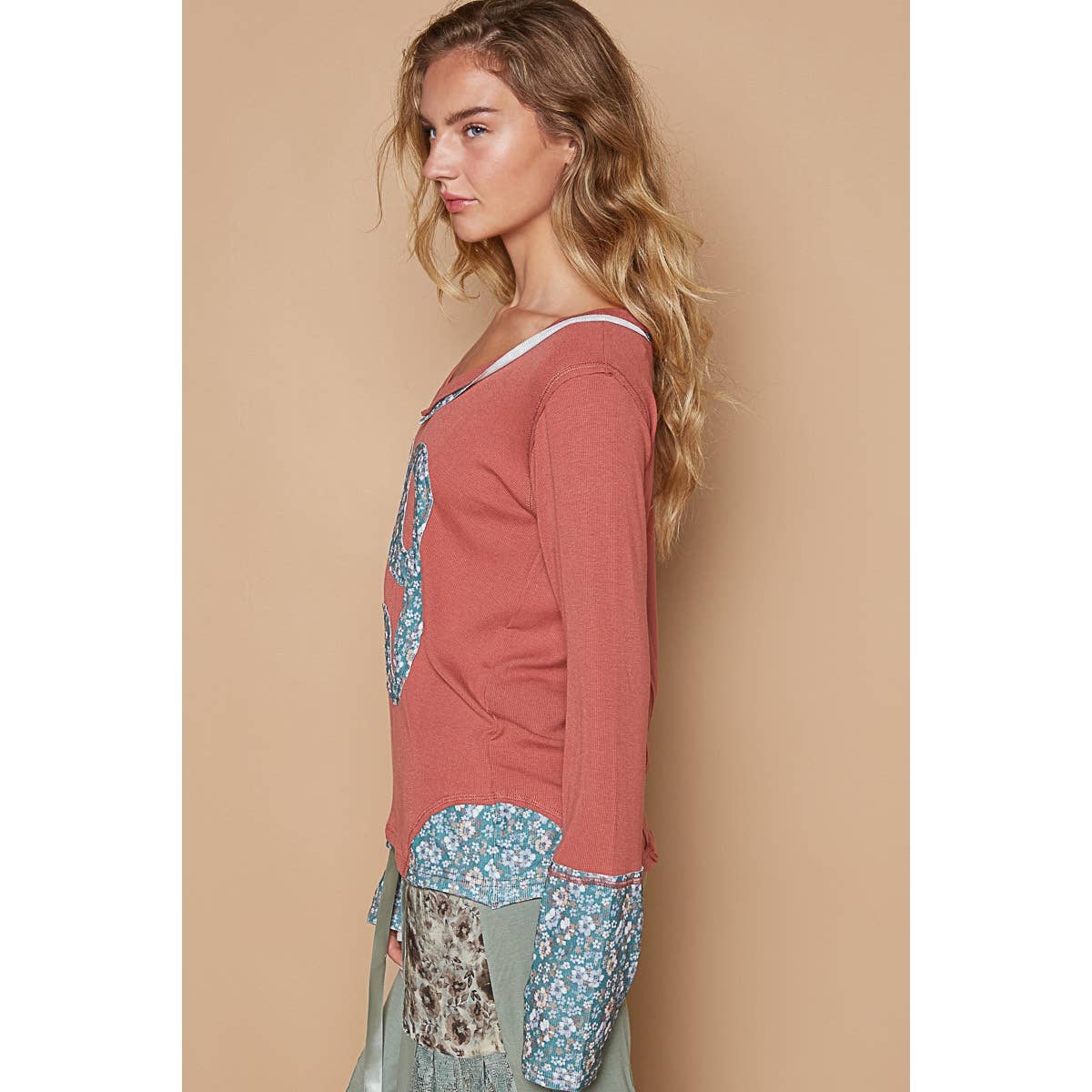 V-neck long sleeve floral print number patch top SALE - The Ruffled Bull Boutique