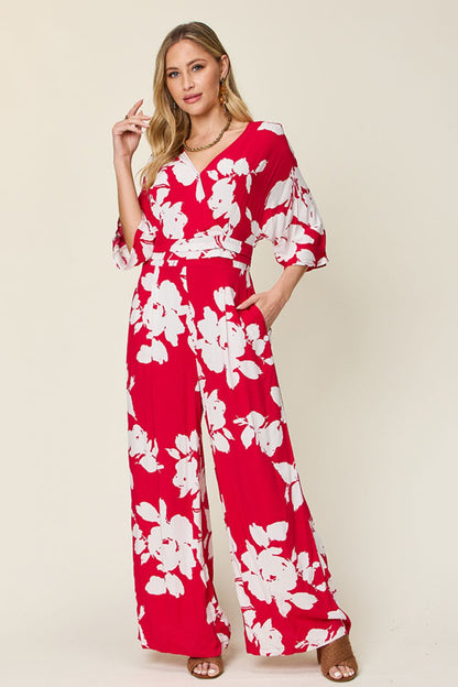 Double Take Full Size Printed Tie Back Wide Leg Jumpsuit - The Ruffled Bull Boutique