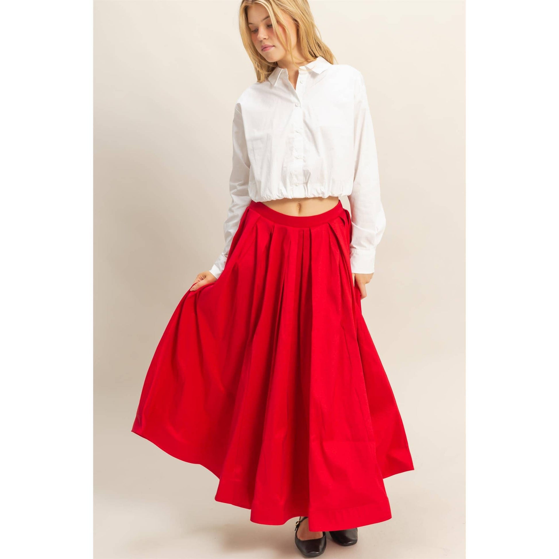Classic Pleated A-Line Midi Full Skirt - The Ruffled Bull Boutique