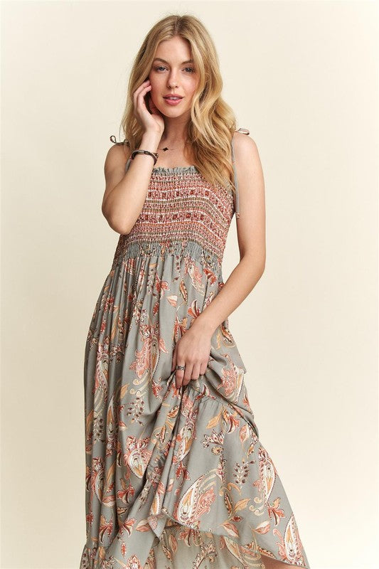 ADORA Smocked Printed Square Neck Tie Shoulder Cami Dress - The Ruffled Bull Boutique