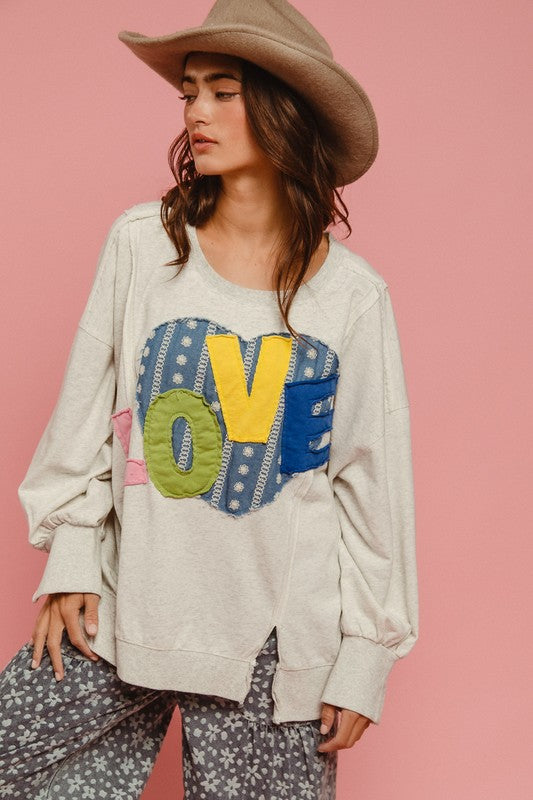 BiBi LOVE Heart Patch Slit French Terry Sweatshirt - The Ruffled Bull Boutique