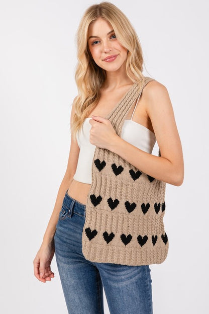 Fame Contrast Heart Crochet Tote Bag - The Ruffled Bull Boutique