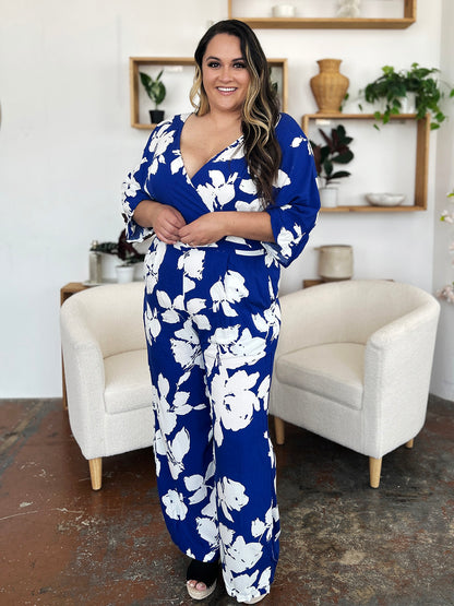 Double Take Full Size Printed Tie Back Wide Leg Jumpsuit - The Ruffled Bull Boutique