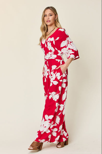 Double Take Full Size Printed Tie Back Wide Leg Jumpsuit - The Ruffled Bull Boutique