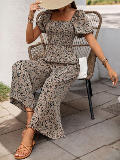 Perfee Smocked Printed Square Neck Puff Sleeve Jumpsuit - The Ruffled Bull Boutique