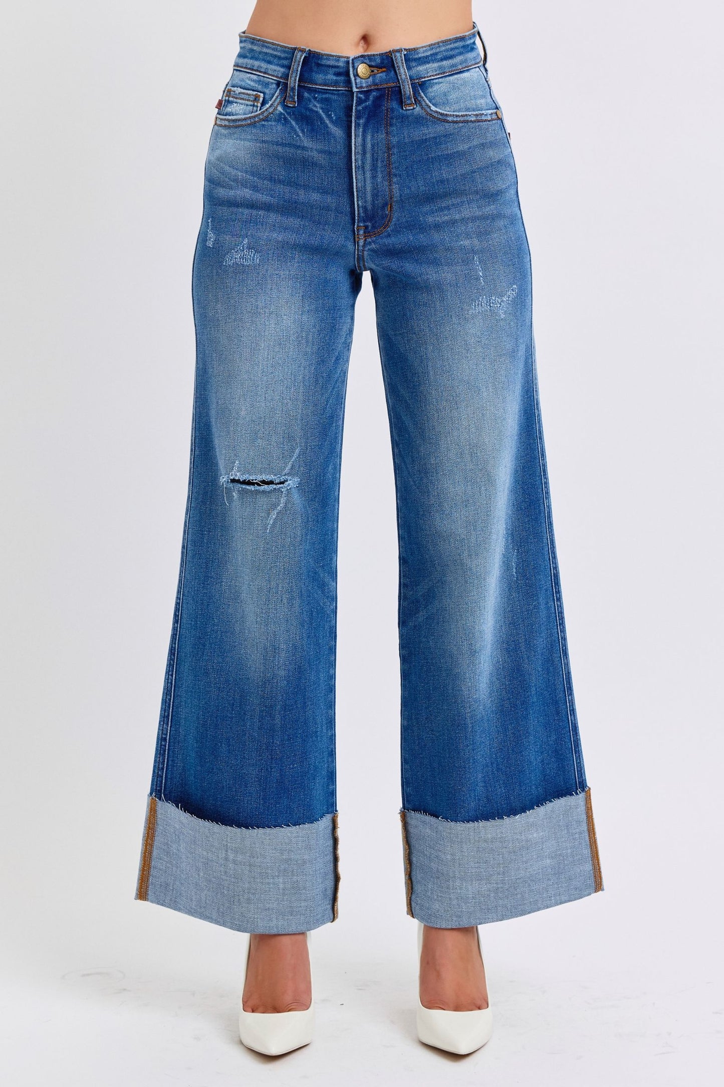 Judy Blue Full Size Distressed High Waist Wide Leg Jeans - The Ruffled Bull Boutique