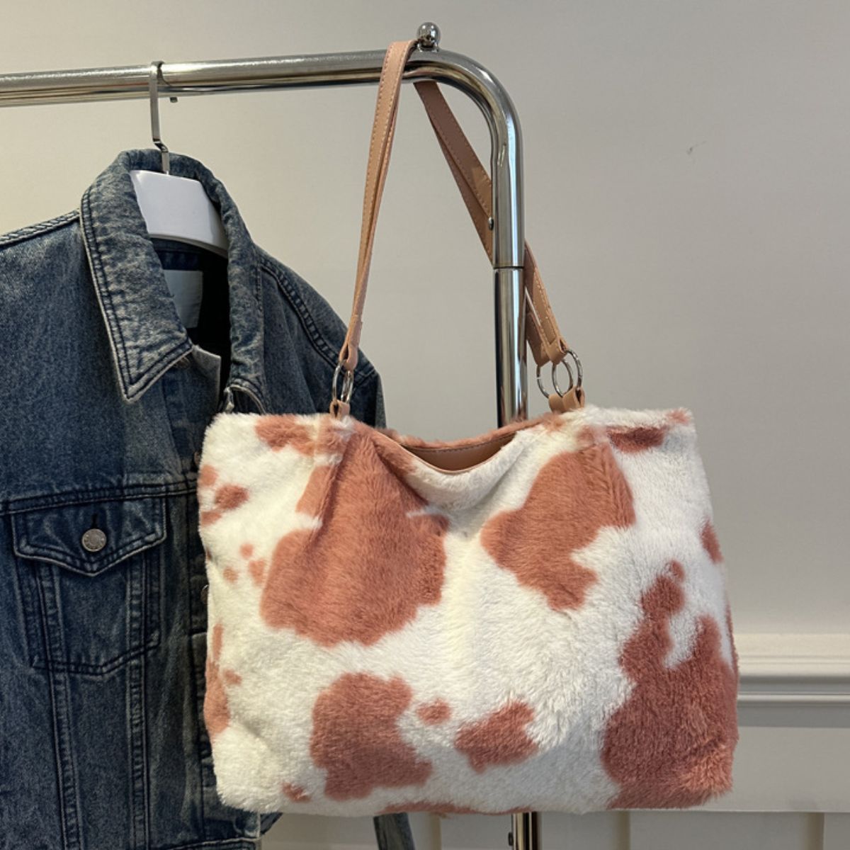 Cow Print Furry Tote Bag - The Ruffled Bull Boutique