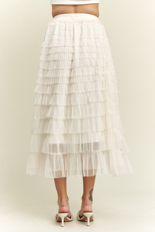 ADORA Elastic Waist Layered Mesh Midi Skirt - The Ruffled Bull Boutique