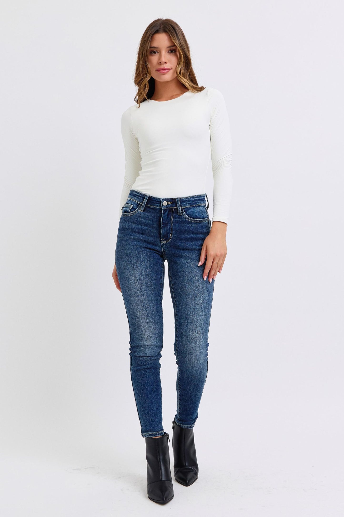 Judy Blue Full Size Run Mid-Rise Waist Skinny Jeans with Thermal Lining - The Ruffled Bull Boutique