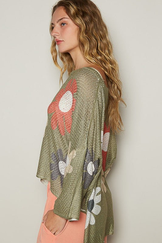 POL Flower Dropped Shoulder Long Sleeve Knit Top - The Ruffled Bull Boutique