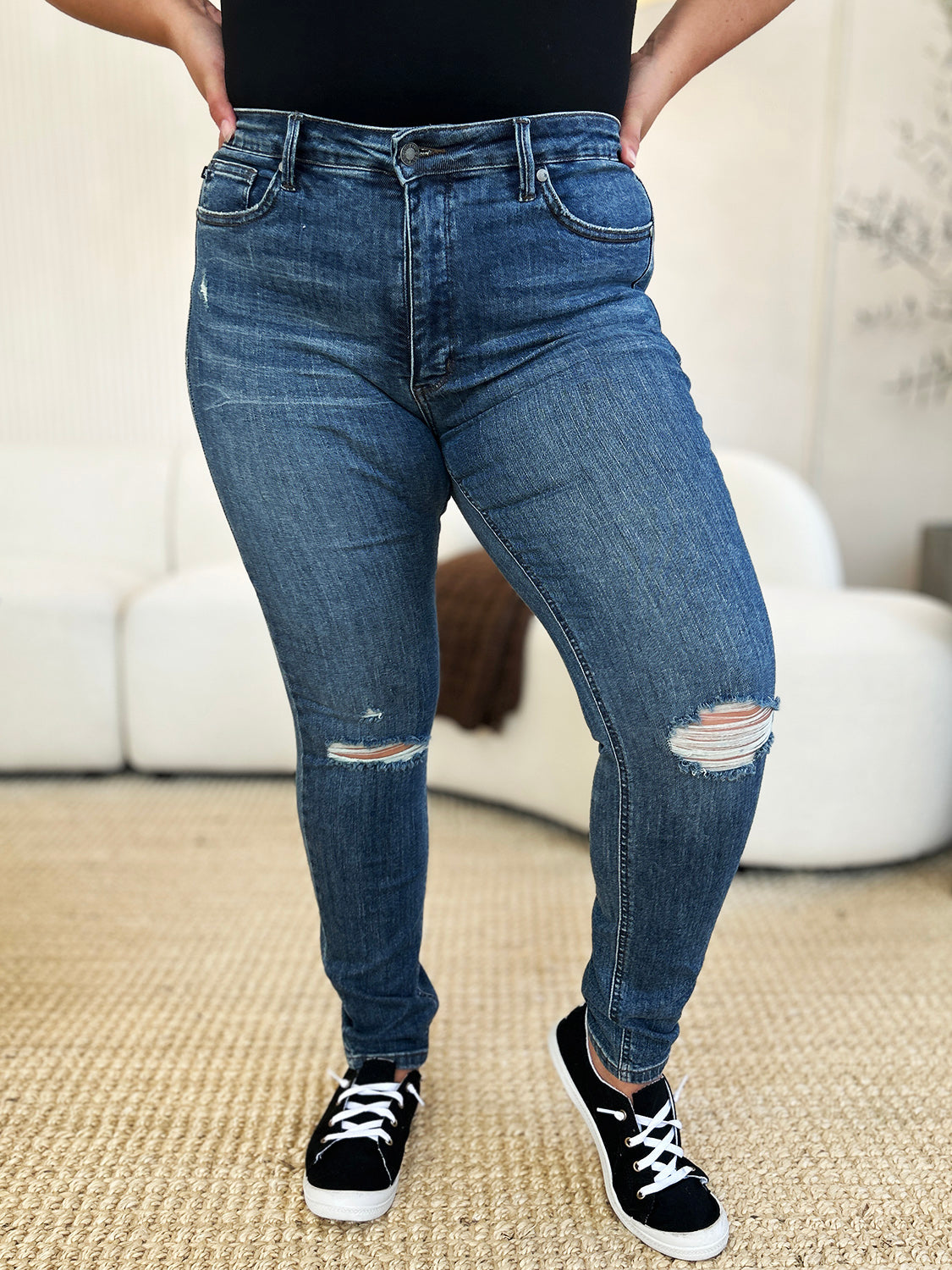 Judy Blue Full Size Mid Waist Distressed Slim Jeans - The Ruffled Bull Boutique