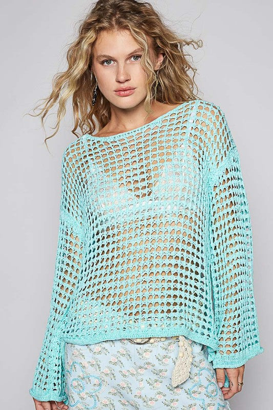 POL Side Slit Openwork Long Sleeve Knit Cover Up - The Ruffled Bull Boutique