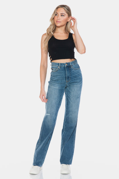 Judy Blue Full Size Tummy Control Cut Raw Hem Straight Jeans - The Ruffled Bull Boutique