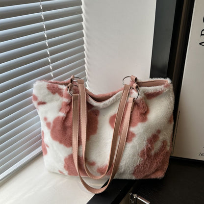 Cow Print Furry Tote Bag - The Ruffled Bull Boutique