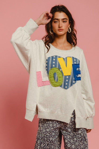 BiBi LOVE Heart Patch Slit French Terry Sweatshirt - The Ruffled Bull Boutique