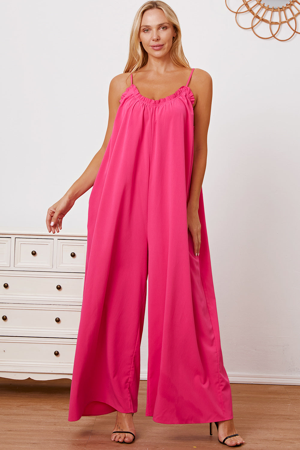 Double Take Full Size Ruffle Trim Tie Back Cami Jumpsuit with Pockets - The Ruffled Bull Boutique