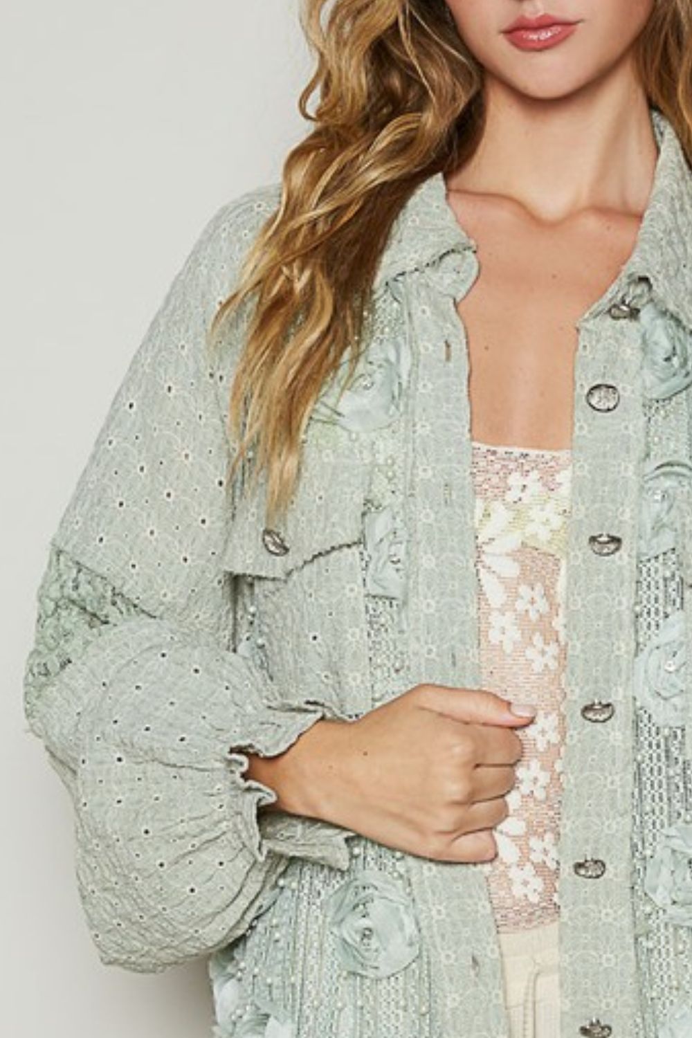 POL Eyelet Flower Pearl Detail Lace Patchwork Shirt - The Ruffled Bull Boutique