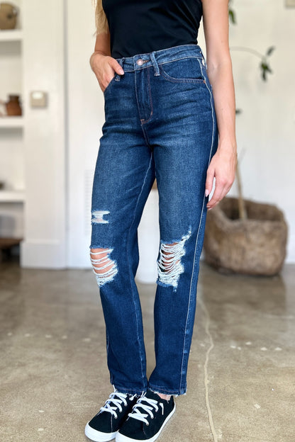 Judy Blue Full Size High Waist Rigid Magic Heavy Destroy Straight Jeans - The Ruffled Bull Boutique