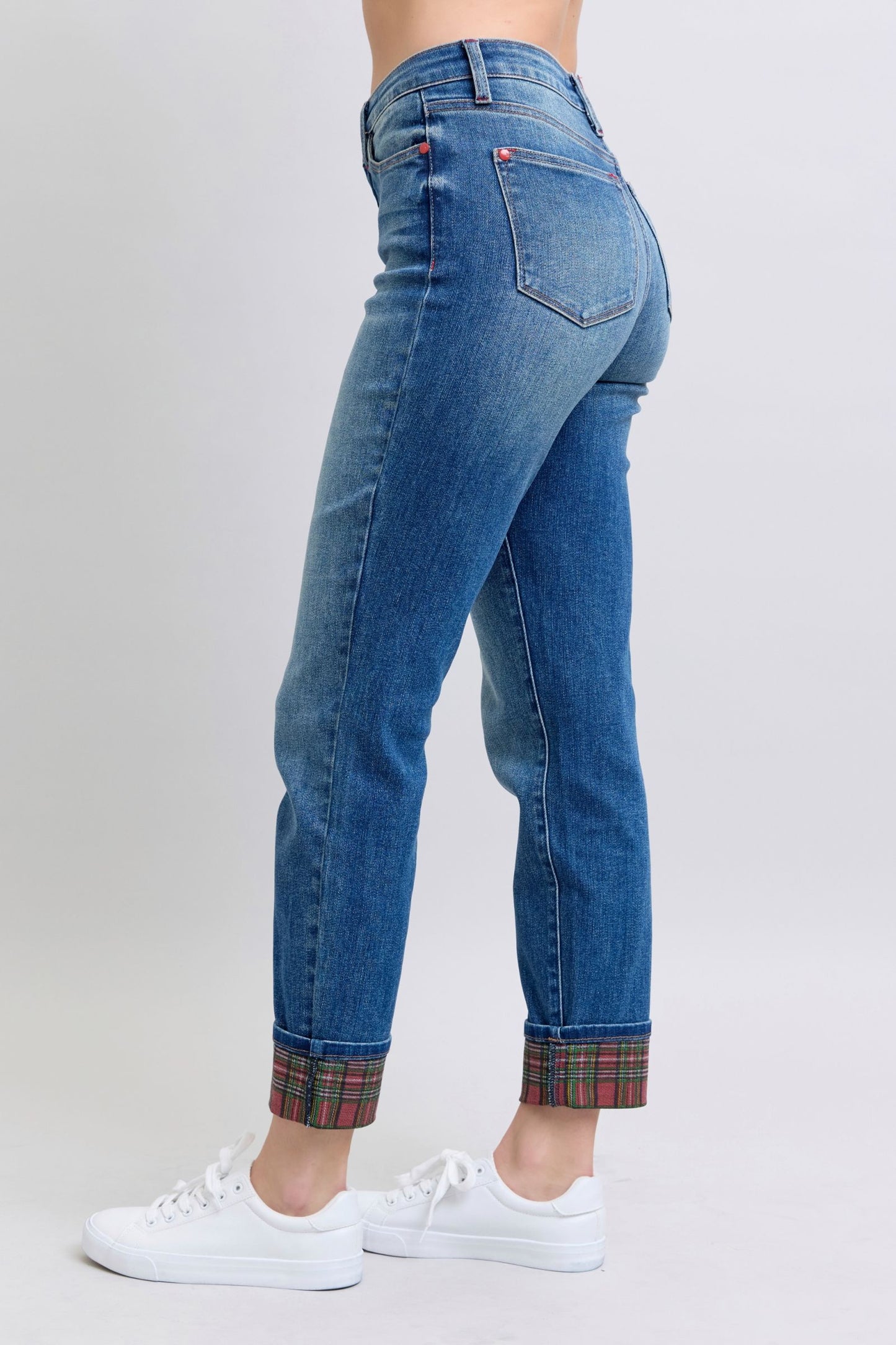 Judy Blue Full Size Plaid Print Cuff Straight Leg Jeans with Pockets - The Ruffled Bull Boutique