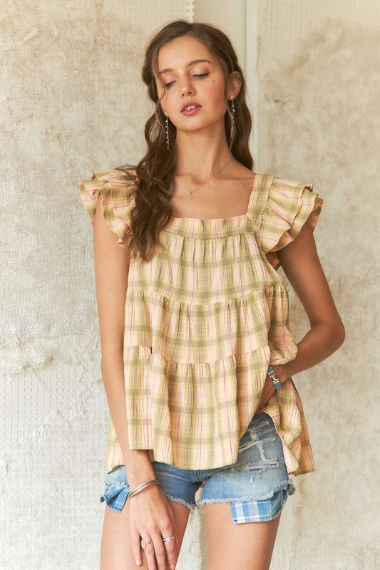 ADORA Ruffled Square Neck Cap Sleeve Babydoll Blouse - The Ruffled Bull Boutique