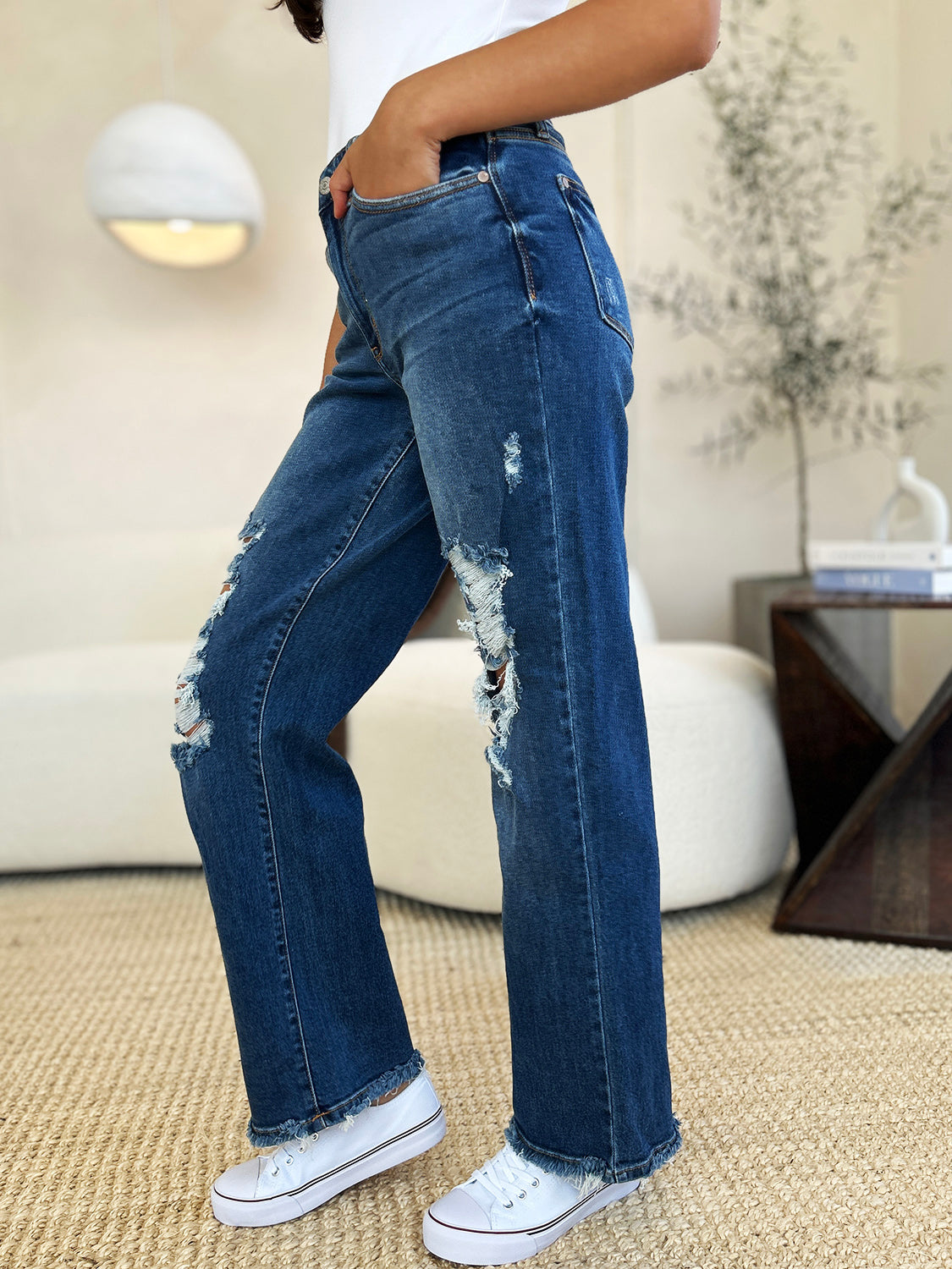 Judy Blue Full Size Mid Rise Distressed Raw Hem Jeans - The Ruffled Bull Boutique