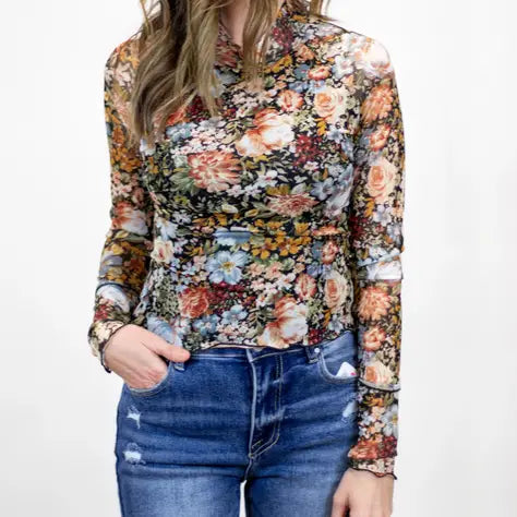 Floral print mesh top - The Ruffled Bull Boutique