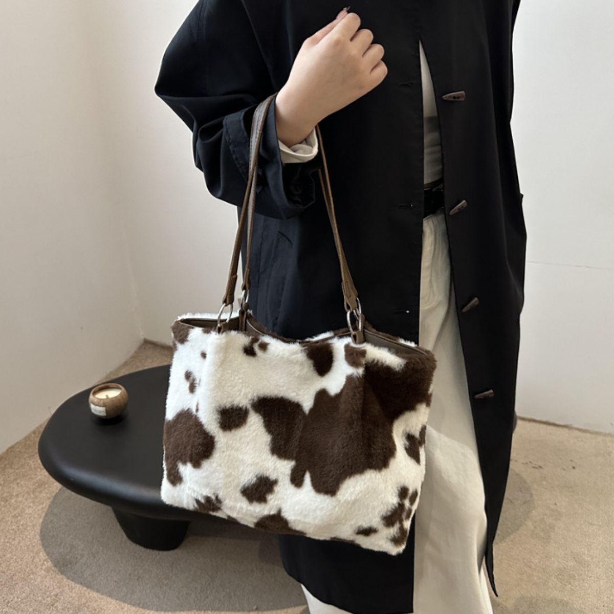 Cow Print Furry Tote Bag - The Ruffled Bull Boutique