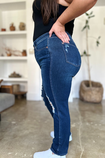 Judy Blue Full Size High Waist Rigid Magic Heavy Destroy Straight Jeans - The Ruffled Bull Boutique