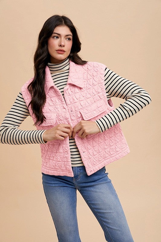 Annie Wear Texture Quilted Snap Down Vest Coat - The Ruffled Bull Boutique