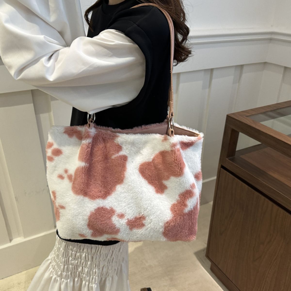 Cow Print Furry Tote Bag - The Ruffled Bull Boutique