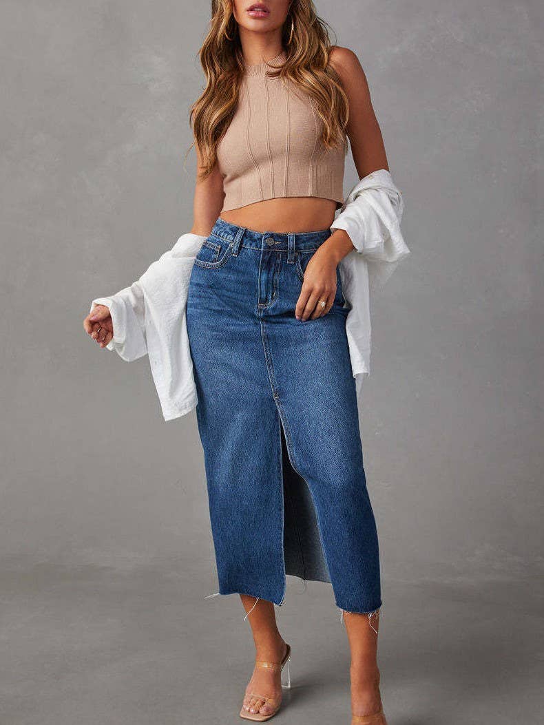 Slit Denim Midi Skirt: Light Blue / 2XL - The Ruffled Bull Boutique