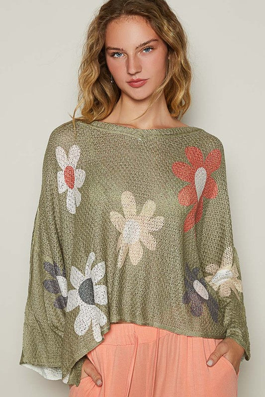 POL Flower Dropped Shoulder Long Sleeve Knit Top - The Ruffled Bull Boutique