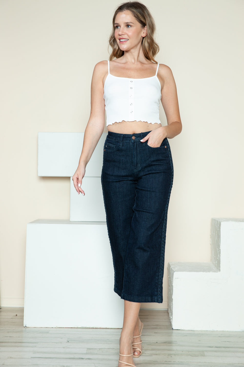 Judy Blue Full Size Side Seam Braid Detail Crop Wide Leg Jeans - The Ruffled Bull Boutique