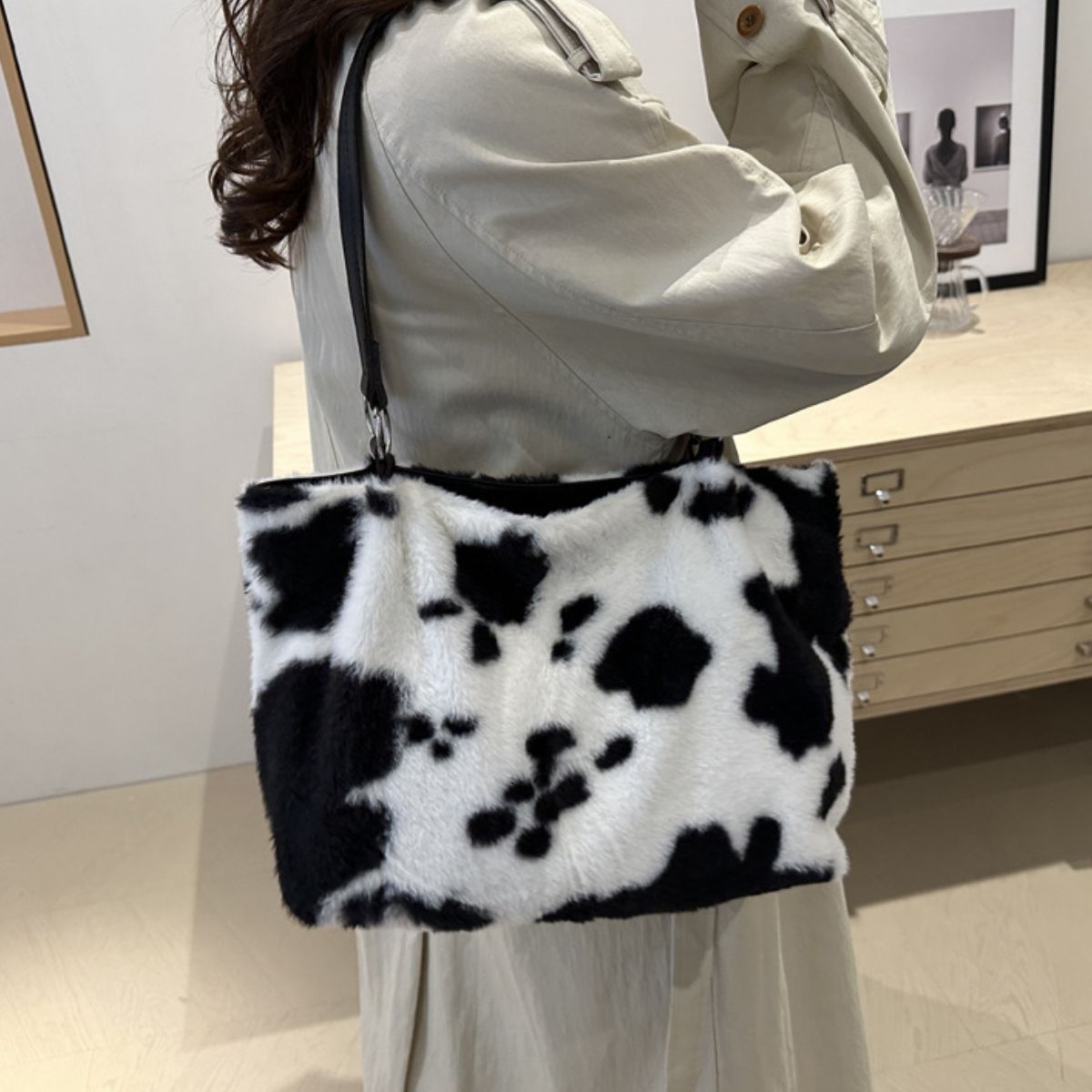 Cow Print Furry Tote Bag - The Ruffled Bull Boutique