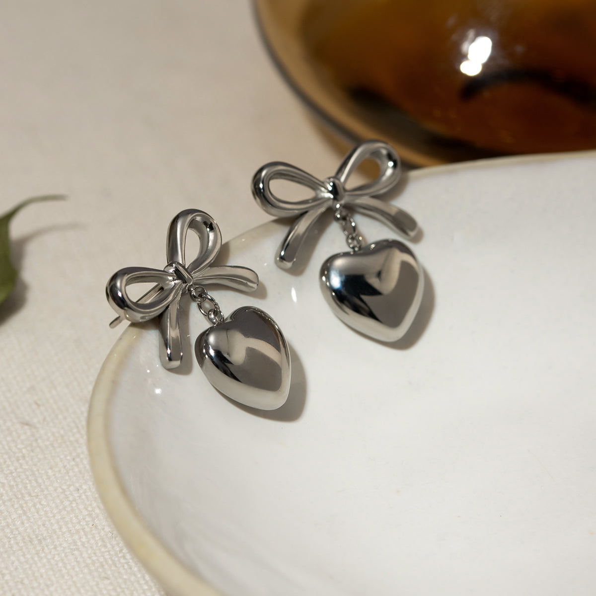 Stainless Steel Bow & Heart Drop Earrings - The Ruffled Bull Boutique