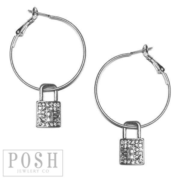 Hoop Earring With Rhinestone Lock Charm: S - The Ruffled Bull Boutique