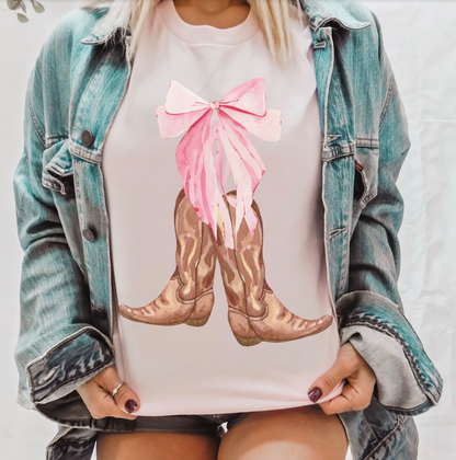 Pink Bow Cowboy Coquette tee Spring Western day T-shirts - The Ruffled Bull Boutique